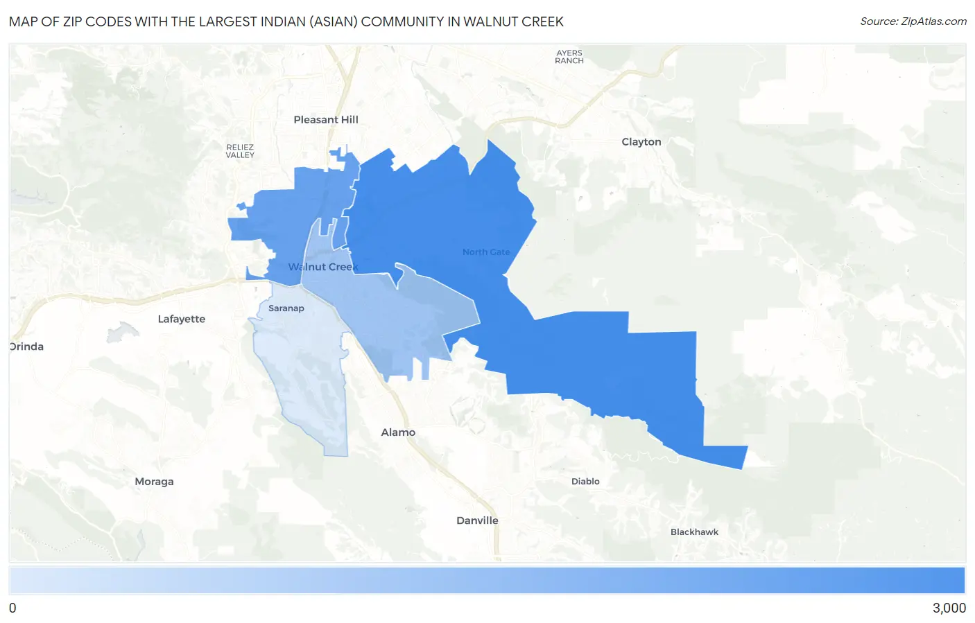 Zip Codes with the Largest Indian (Asian) Community in Walnut Creek Map