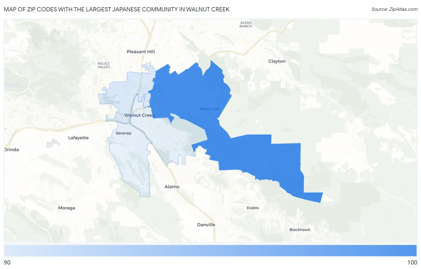 Zip Codes with the Largest Japanese Community in Walnut Creek Map