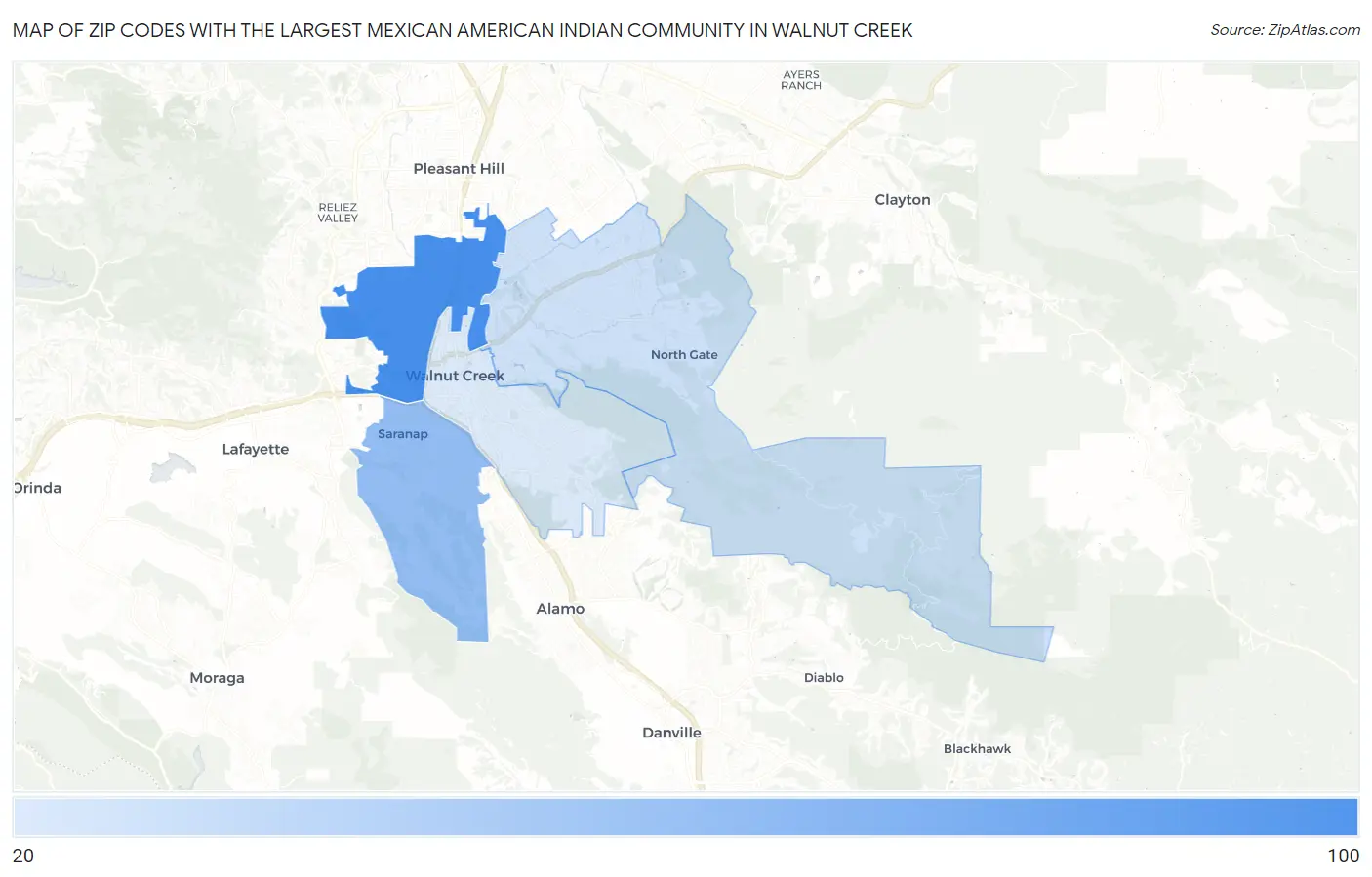 Zip Codes with the Largest Mexican American Indian Community in Walnut Creek Map