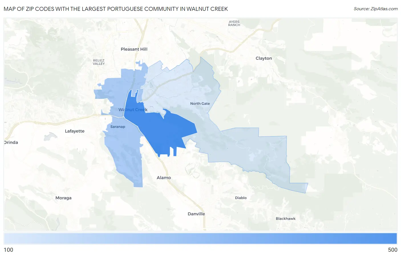 Zip Codes with the Largest Portuguese Community in Walnut Creek Map