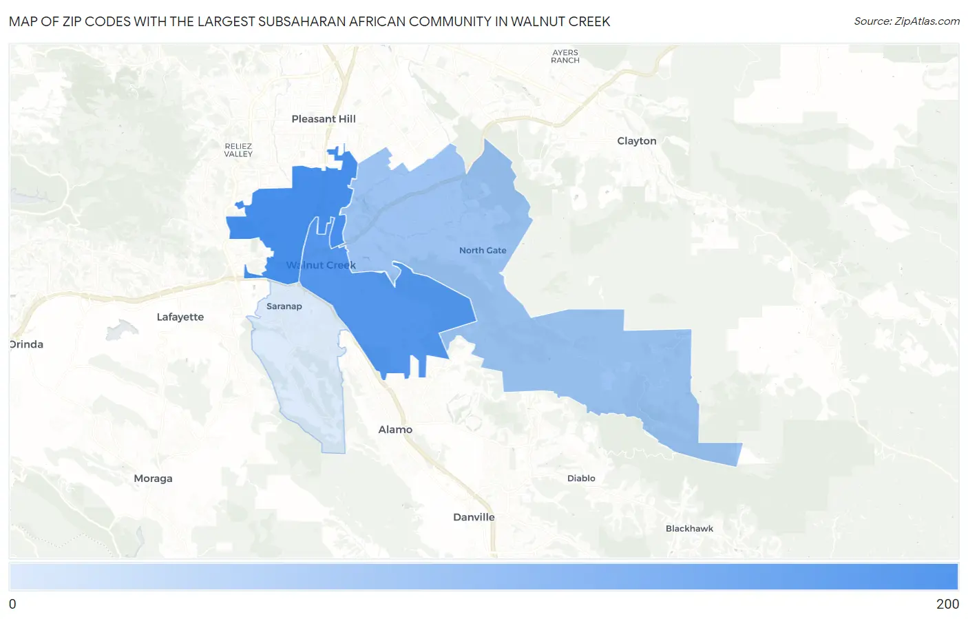 Zip Codes with the Largest Subsaharan African Community in Walnut Creek Map