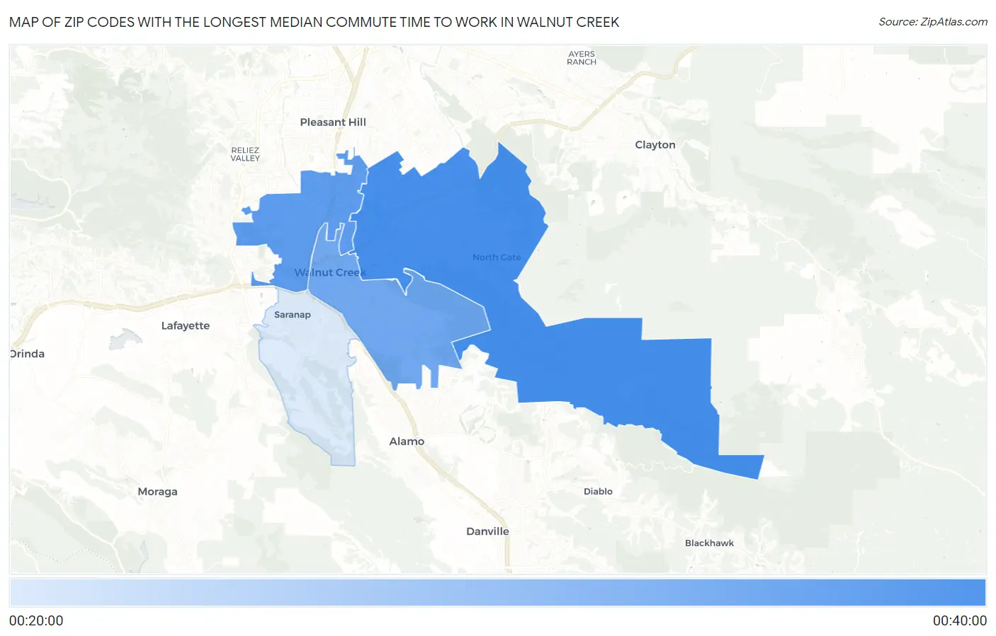 Zip Codes with the Longest Median Commute Time to Work in Walnut Creek Map