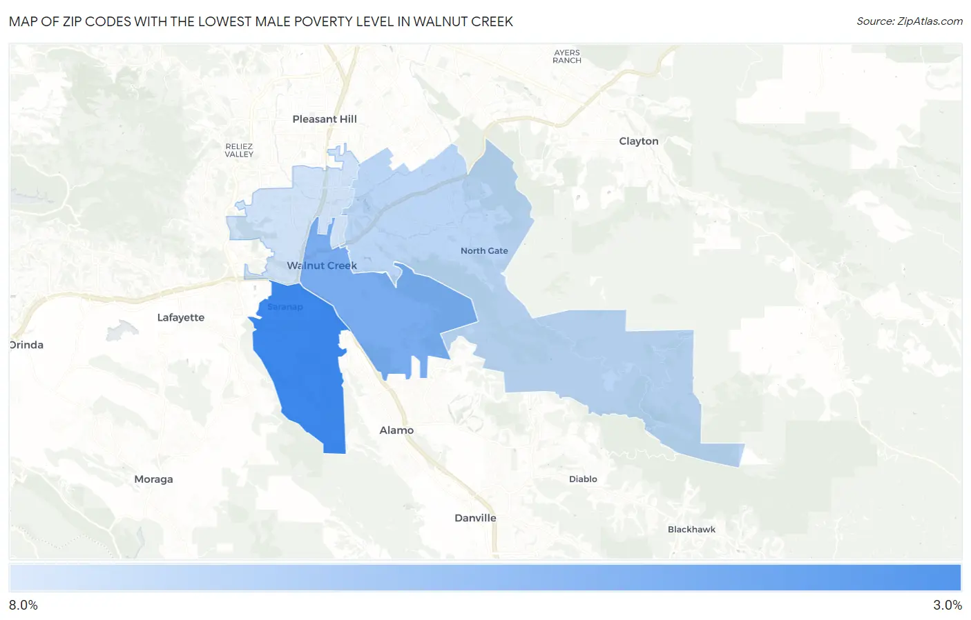 Zip Codes with the Lowest Male Poverty Level in Walnut Creek Map