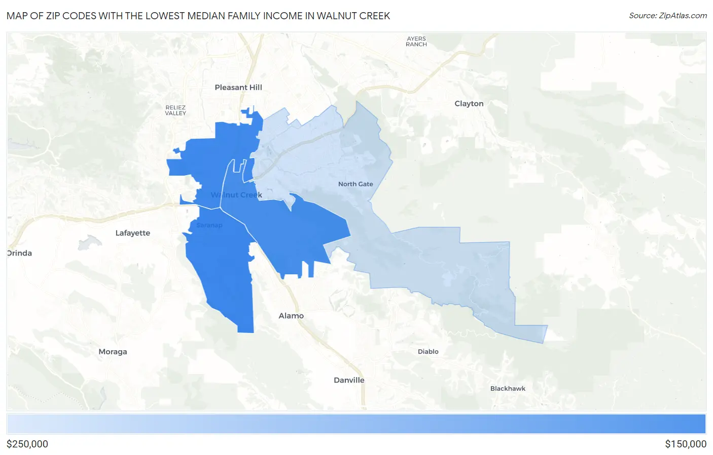 Zip Codes with the Lowest Median Family Income in Walnut Creek Map