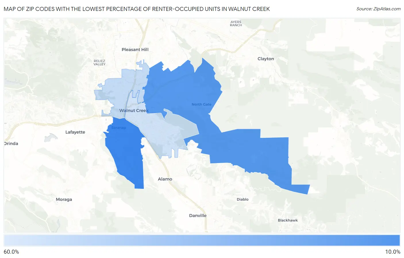 Zip Codes with the Lowest Percentage of Renter-Occupied Units in Walnut Creek Map