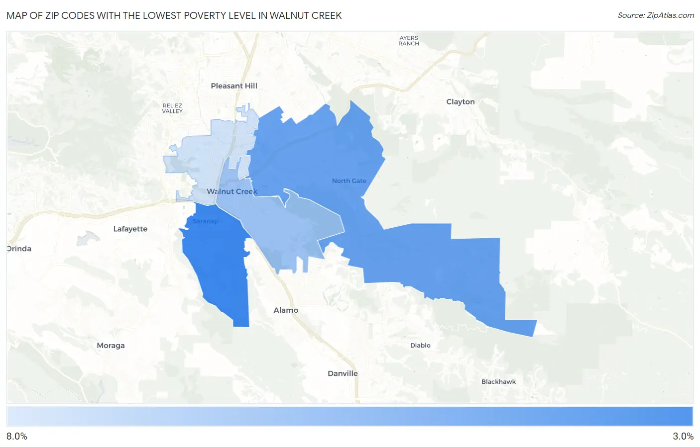 Zip Codes with the Lowest Poverty Level in Walnut Creek Map