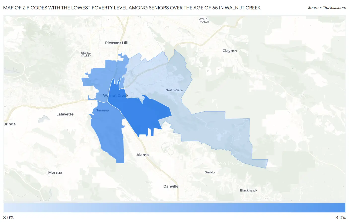 Zip Codes with the Lowest Poverty Level Among Seniors Over the Age of 65 in Walnut Creek Map