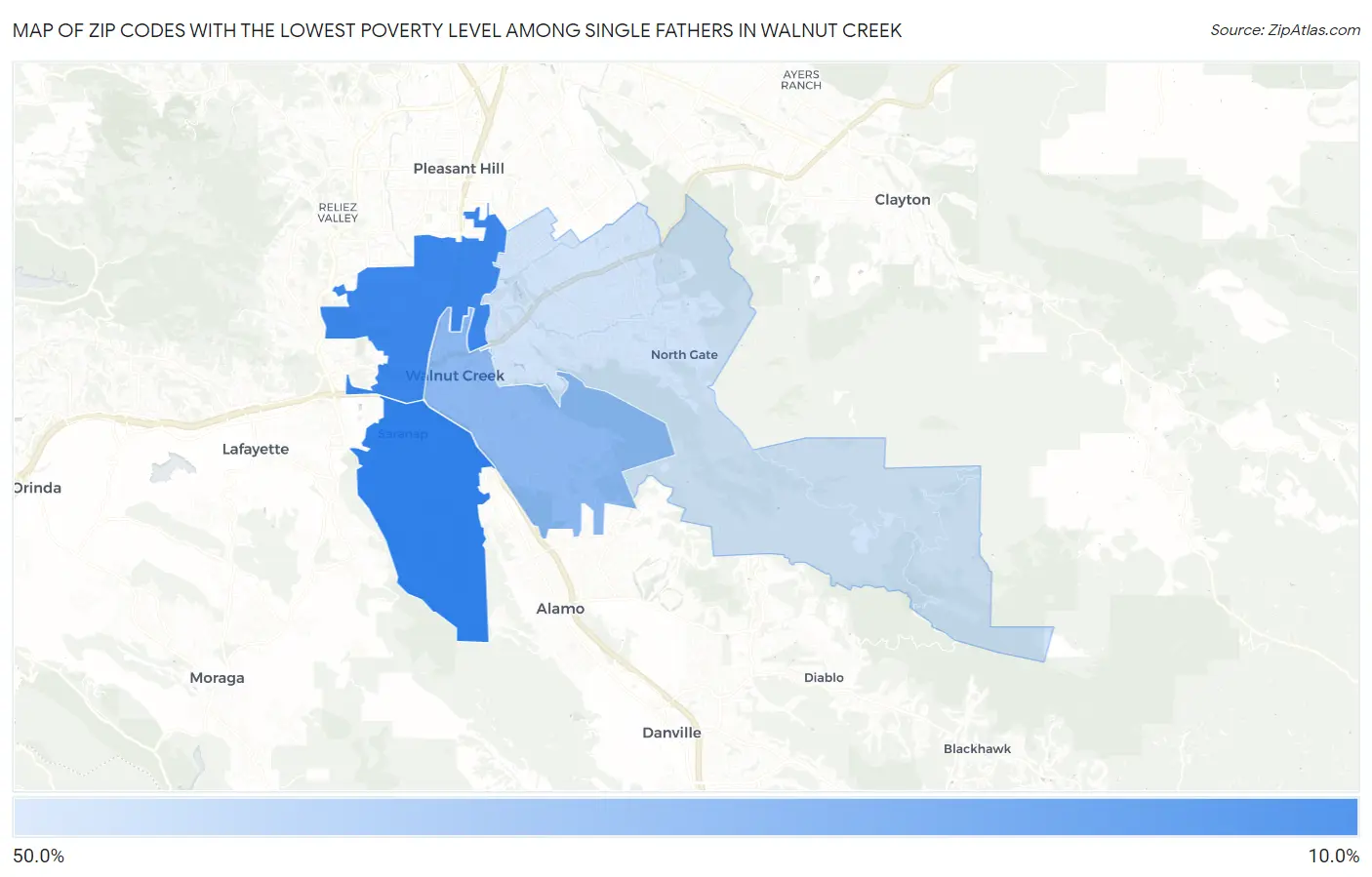 Zip Codes with the Lowest Poverty Level Among Single Fathers in Walnut Creek Map