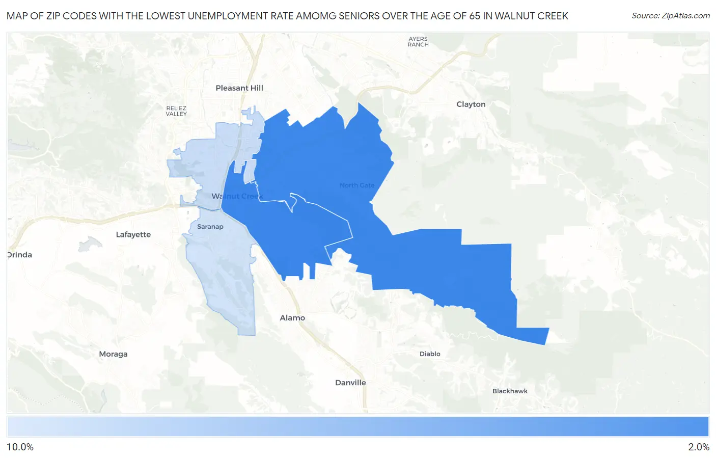Zip Codes with the Lowest Unemployment Rate Amomg Seniors Over the Age of 65 in Walnut Creek Map