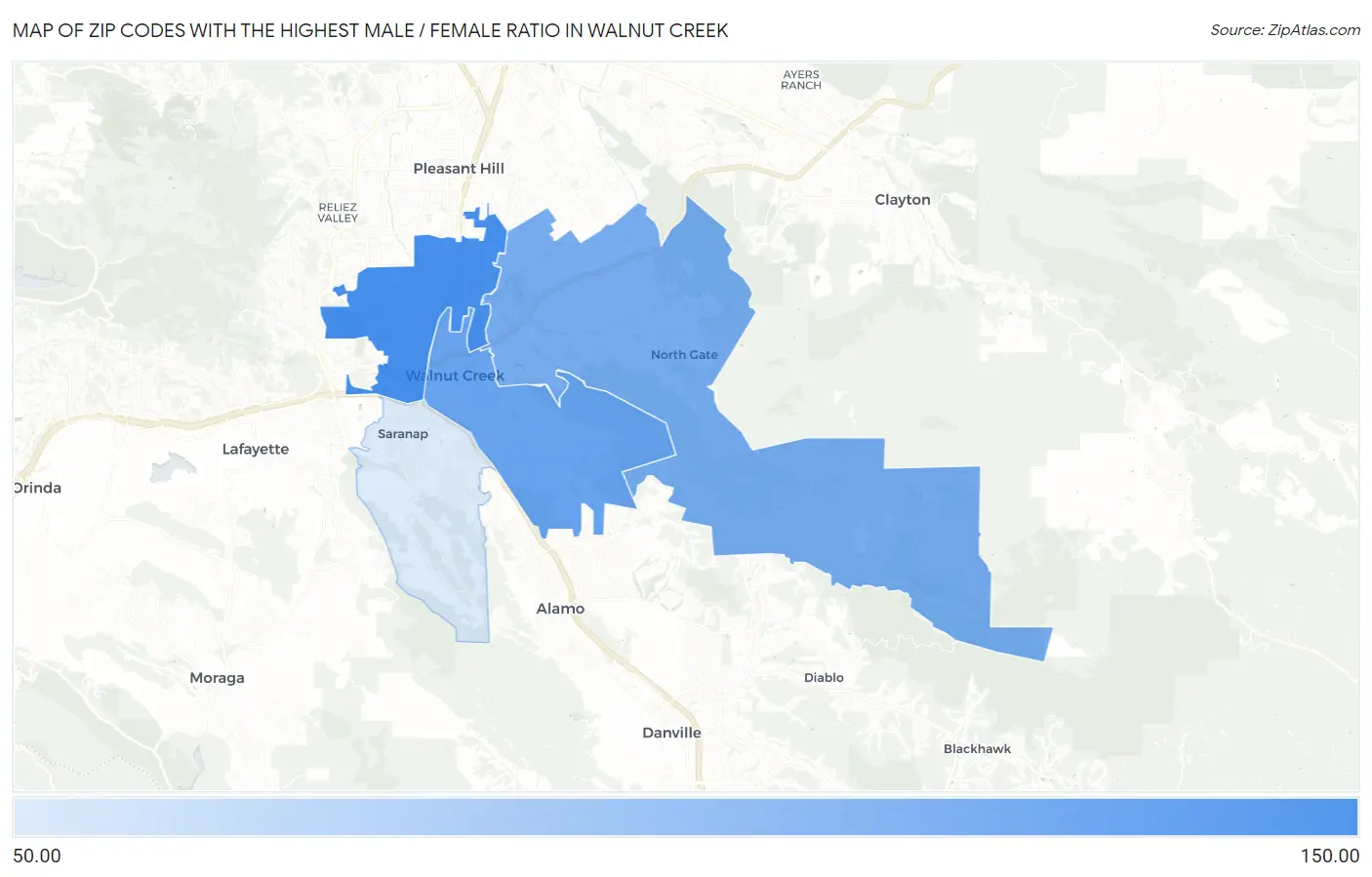 Zip Codes with the Highest Male / Female Ratio in Walnut Creek Map