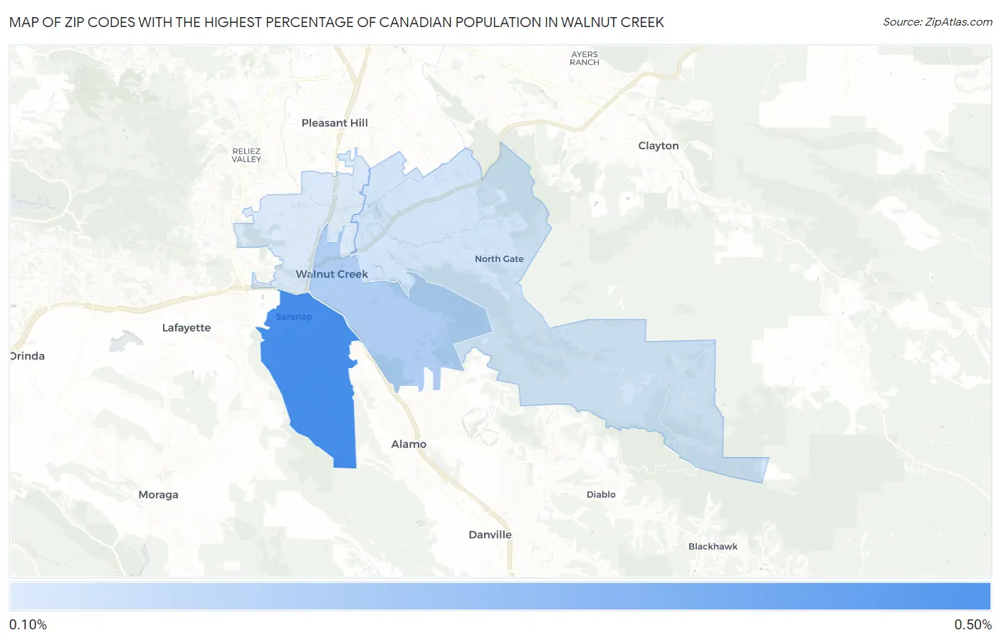 Zip Codes with the Highest Percentage of Canadian Population in Walnut Creek Map