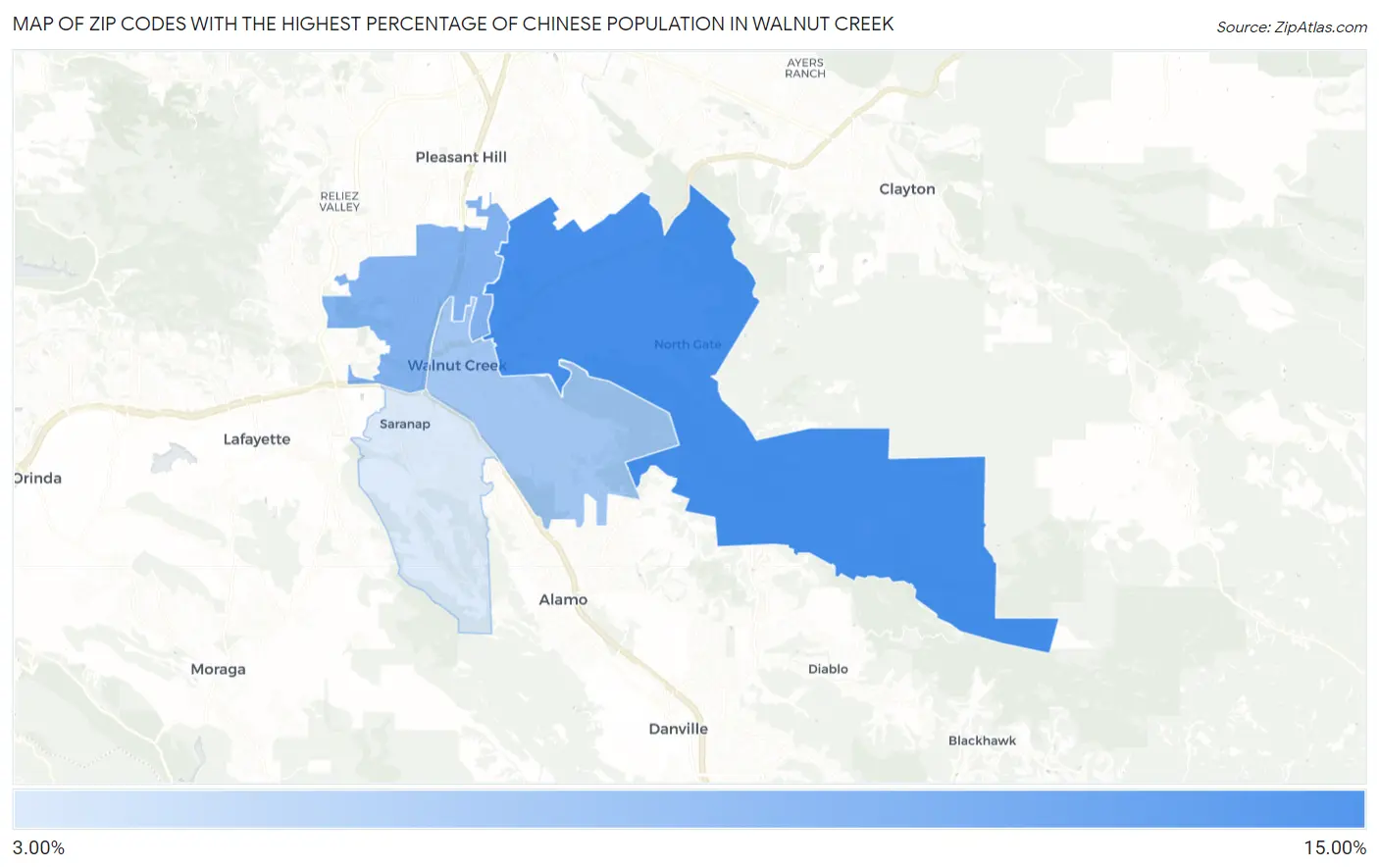 Zip Codes with the Highest Percentage of Chinese Population in Walnut Creek Map