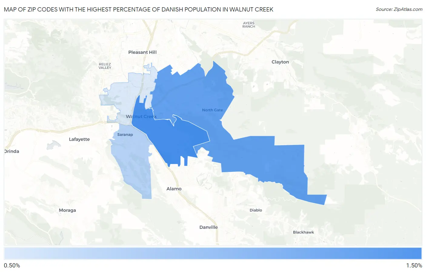 Zip Codes with the Highest Percentage of Danish Population in Walnut Creek Map