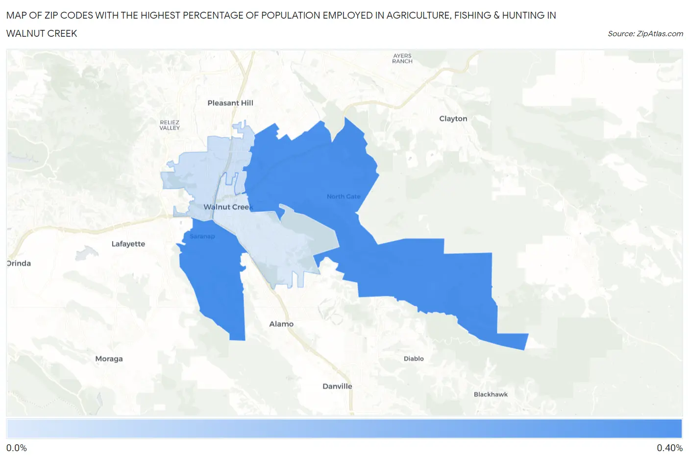 Zip Codes with the Highest Percentage of Population Employed in Agriculture, Fishing & Hunting in Walnut Creek Map