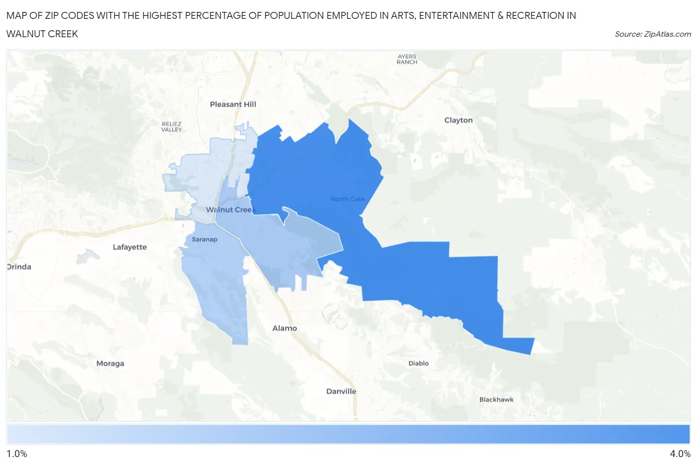 Zip Codes with the Highest Percentage of Population Employed in Arts, Entertainment & Recreation in Walnut Creek Map
