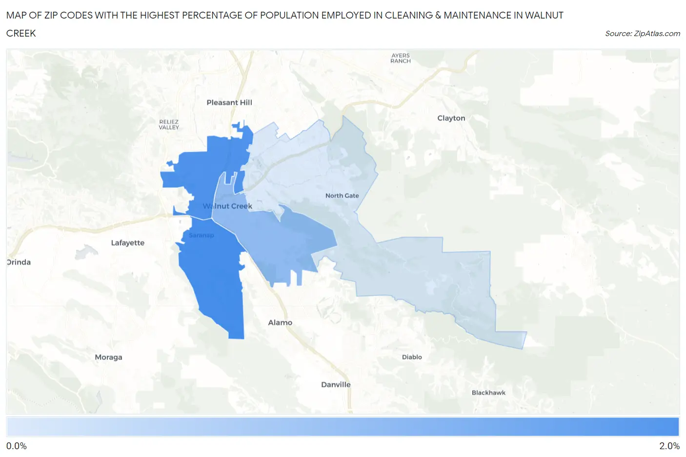 Zip Codes with the Highest Percentage of Population Employed in Cleaning & Maintenance in Walnut Creek Map