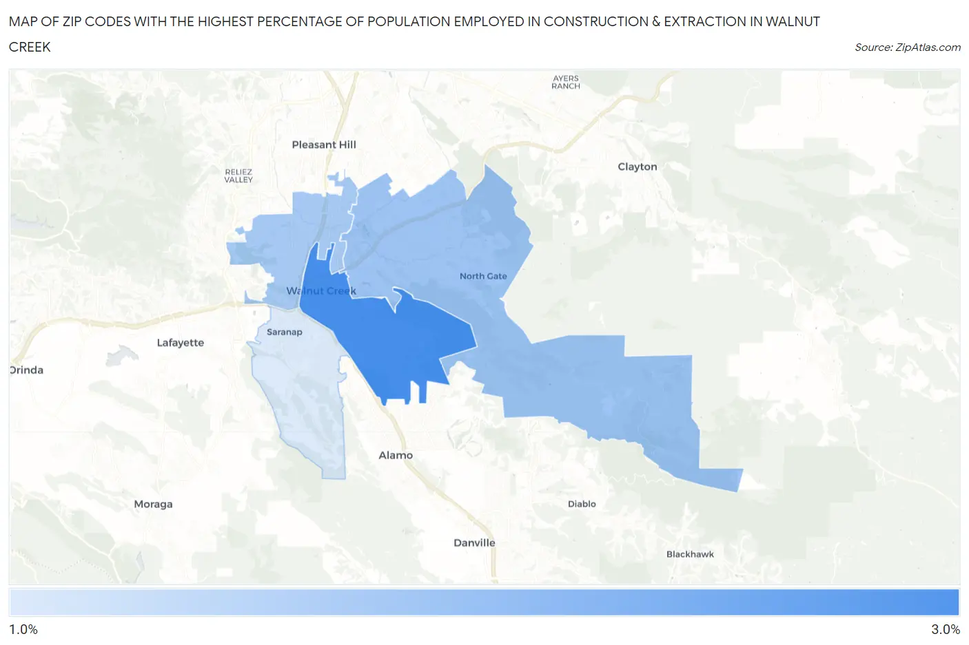 Zip Codes with the Highest Percentage of Population Employed in Construction & Extraction in Walnut Creek Map