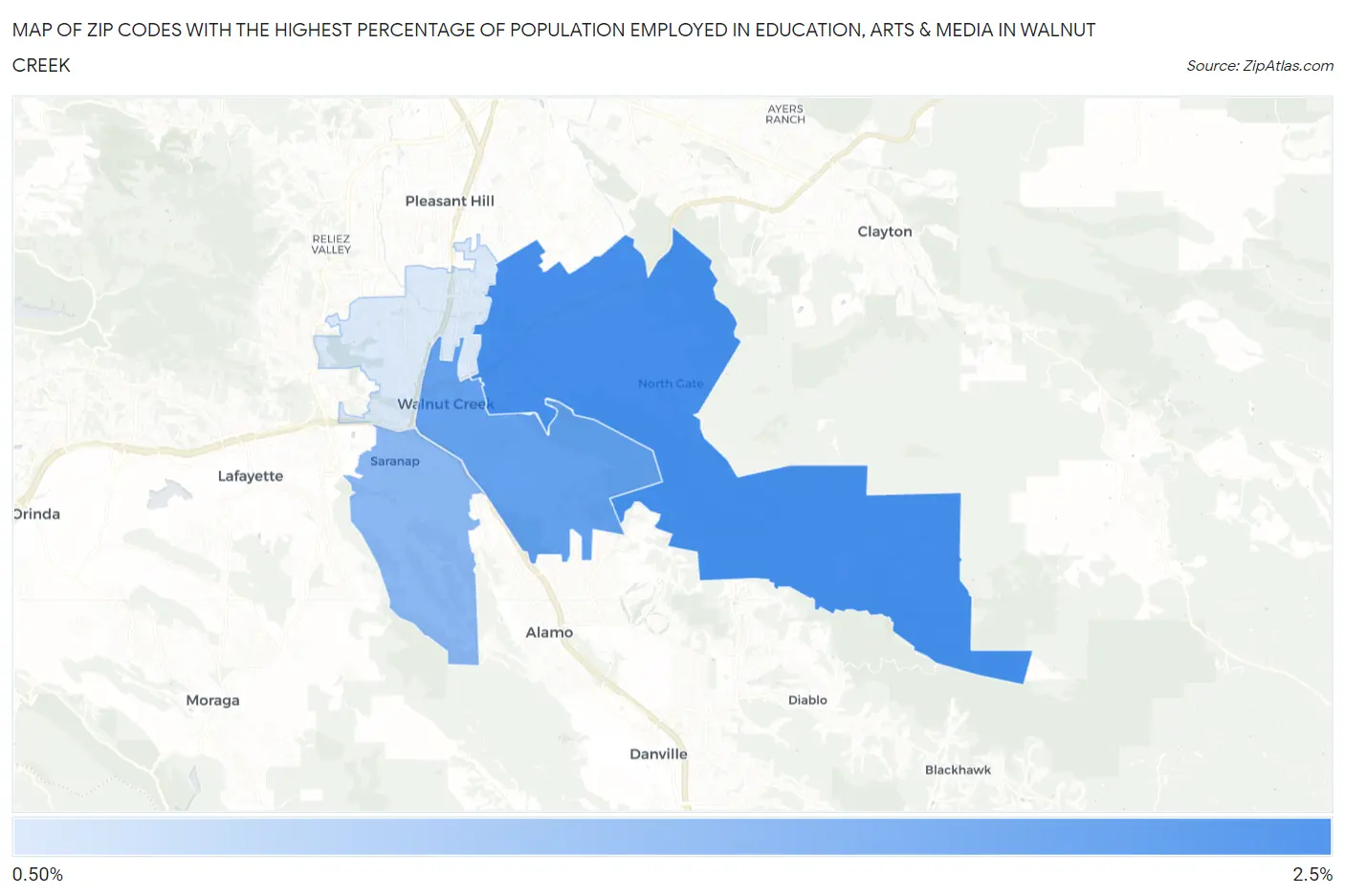 Zip Codes with the Highest Percentage of Population Employed in Education, Arts & Media in Walnut Creek Map