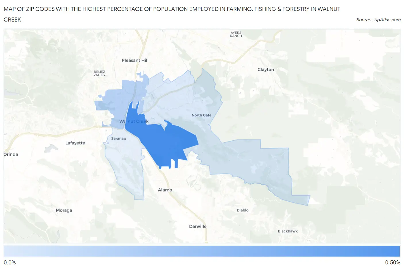 Zip Codes with the Highest Percentage of Population Employed in Farming, Fishing & Forestry in Walnut Creek Map