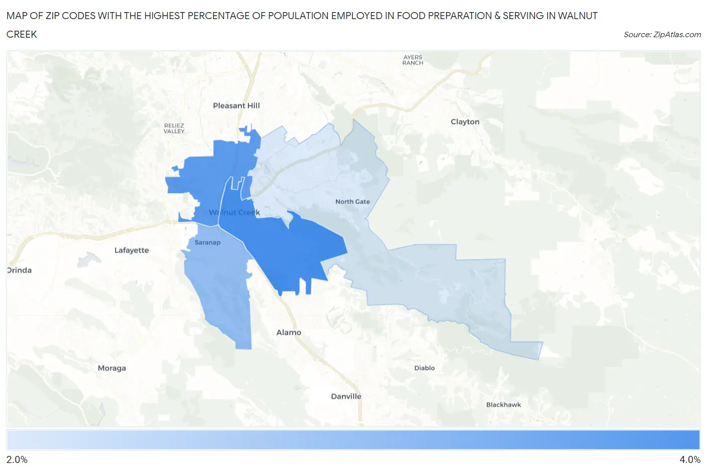 Zip Codes with the Highest Percentage of Population Employed in Food Preparation & Serving in Walnut Creek Map