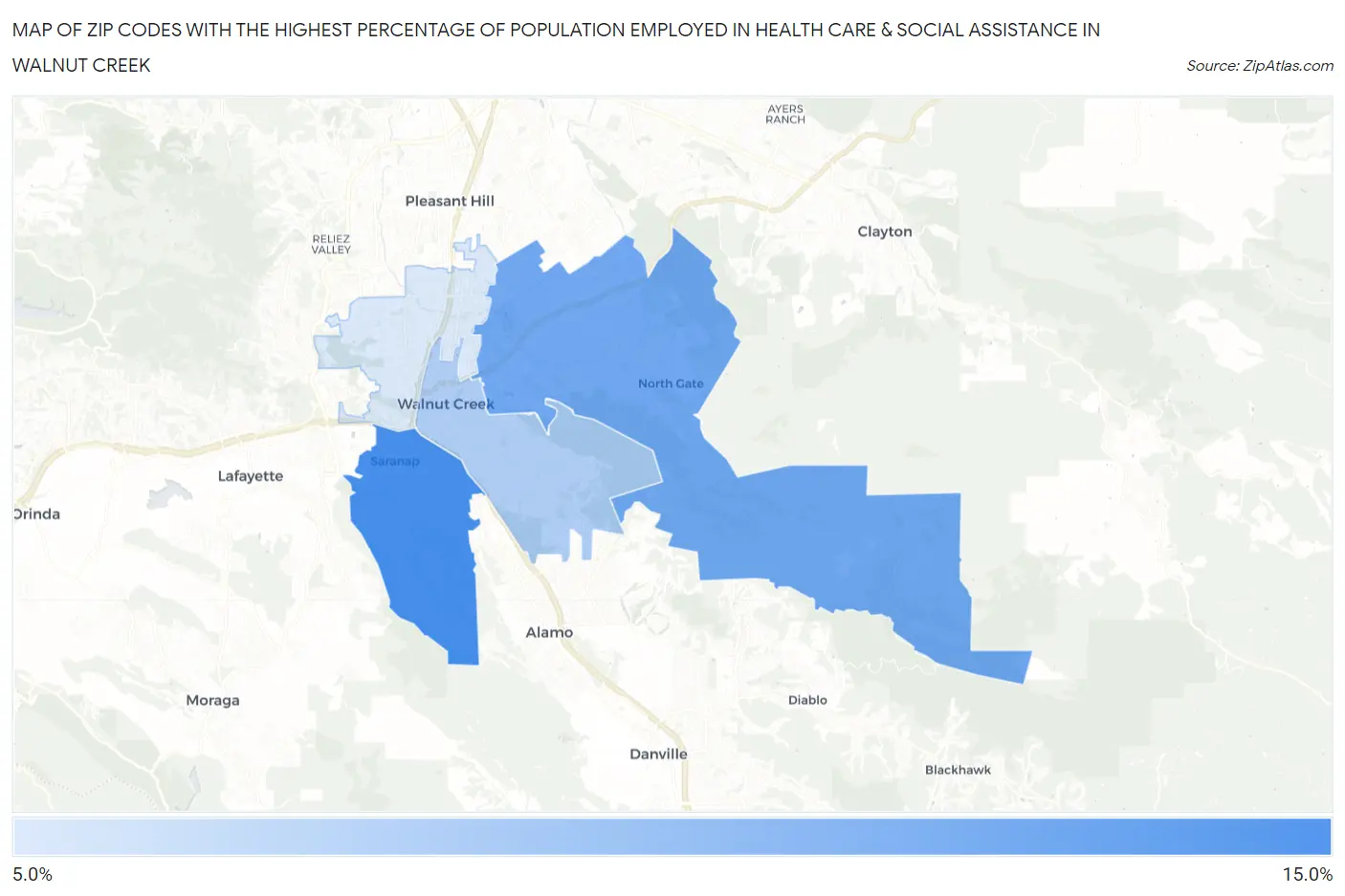 Zip Codes with the Highest Percentage of Population Employed in Health Care & Social Assistance in Walnut Creek Map