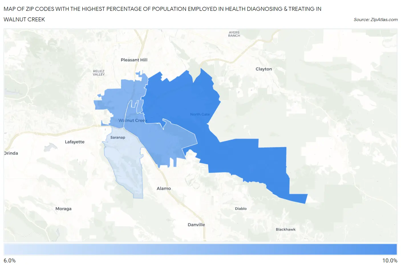 Zip Codes with the Highest Percentage of Population Employed in Health Diagnosing & Treating in Walnut Creek Map
