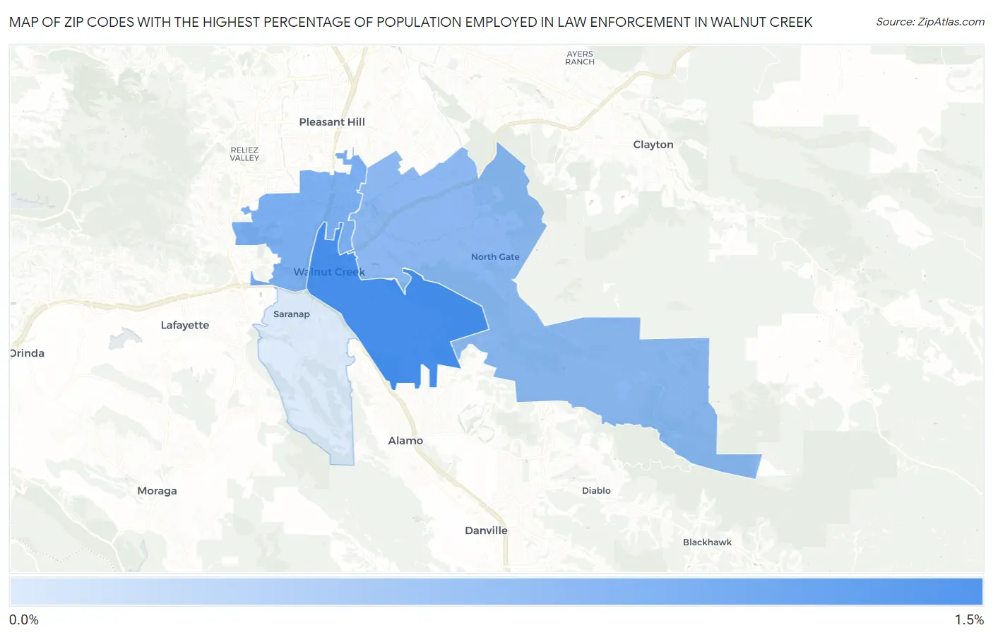Zip Codes with the Highest Percentage of Population Employed in Law Enforcement in Walnut Creek Map