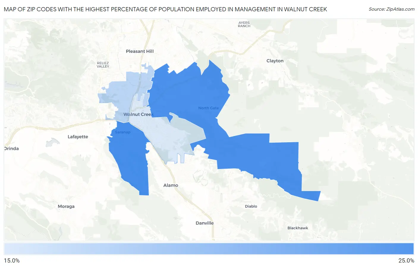 Zip Codes with the Highest Percentage of Population Employed in Management in Walnut Creek Map