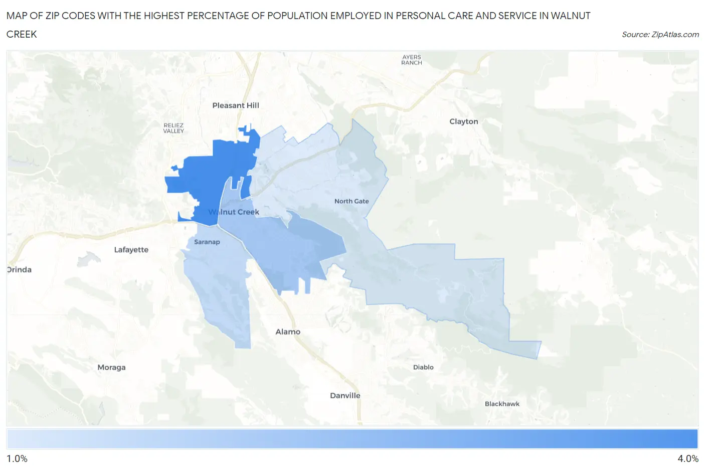 Zip Codes with the Highest Percentage of Population Employed in Personal Care and Service in Walnut Creek Map