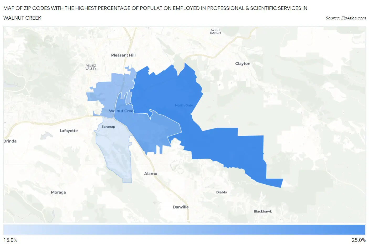 Zip Codes with the Highest Percentage of Population Employed in Professional & Scientific Services in Walnut Creek Map