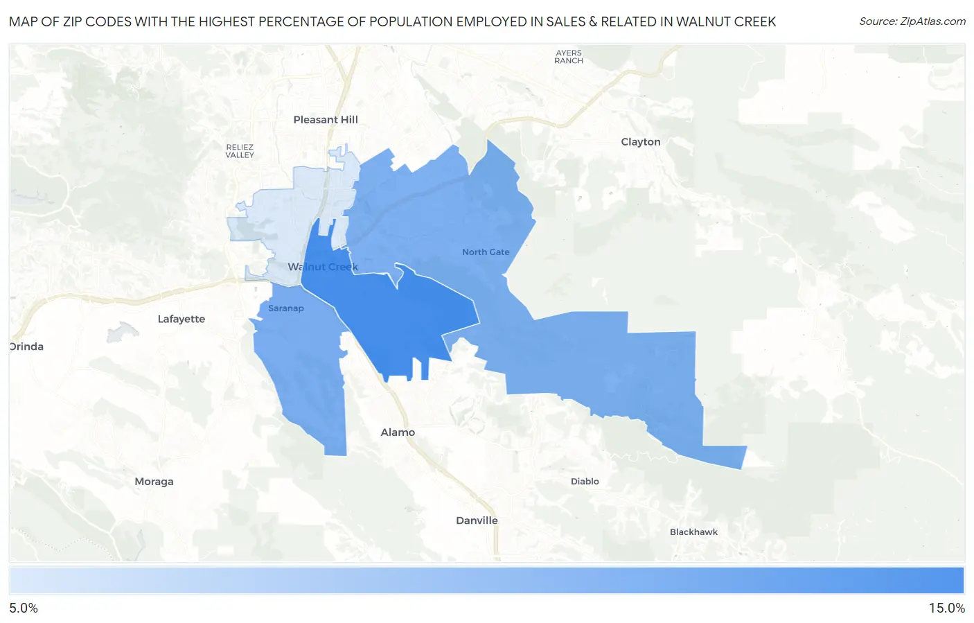 Zip Codes with the Highest Percentage of Population Employed in Sales & Related in Walnut Creek Map