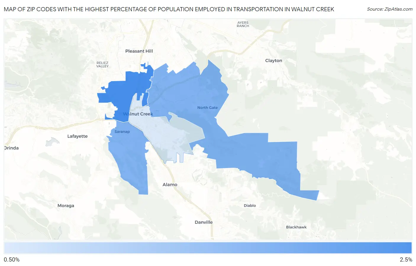 Zip Codes with the Highest Percentage of Population Employed in Transportation in Walnut Creek Map
