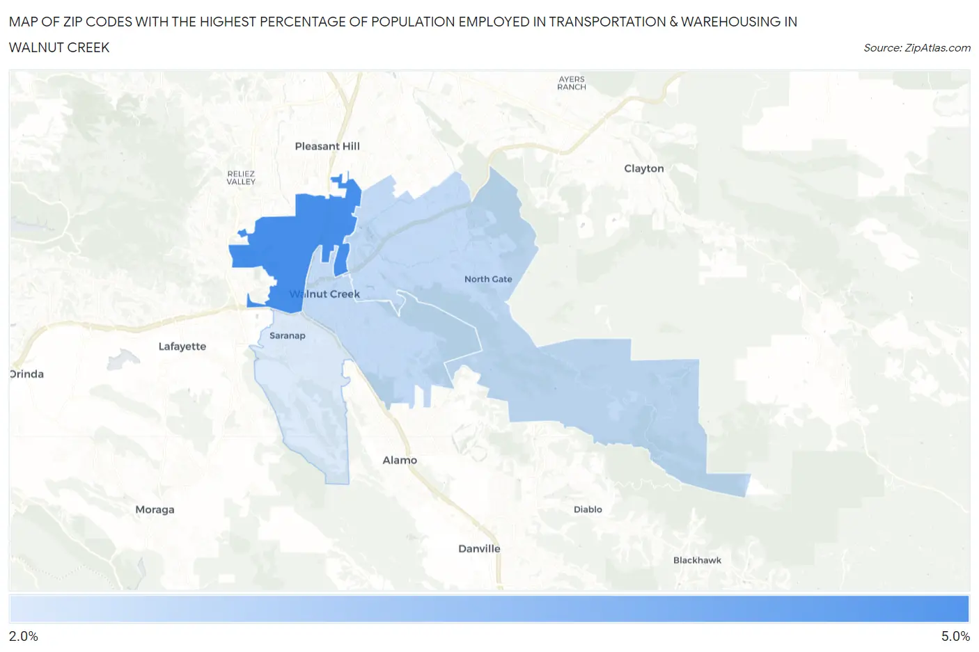 Zip Codes with the Highest Percentage of Population Employed in Transportation & Warehousing in Walnut Creek Map