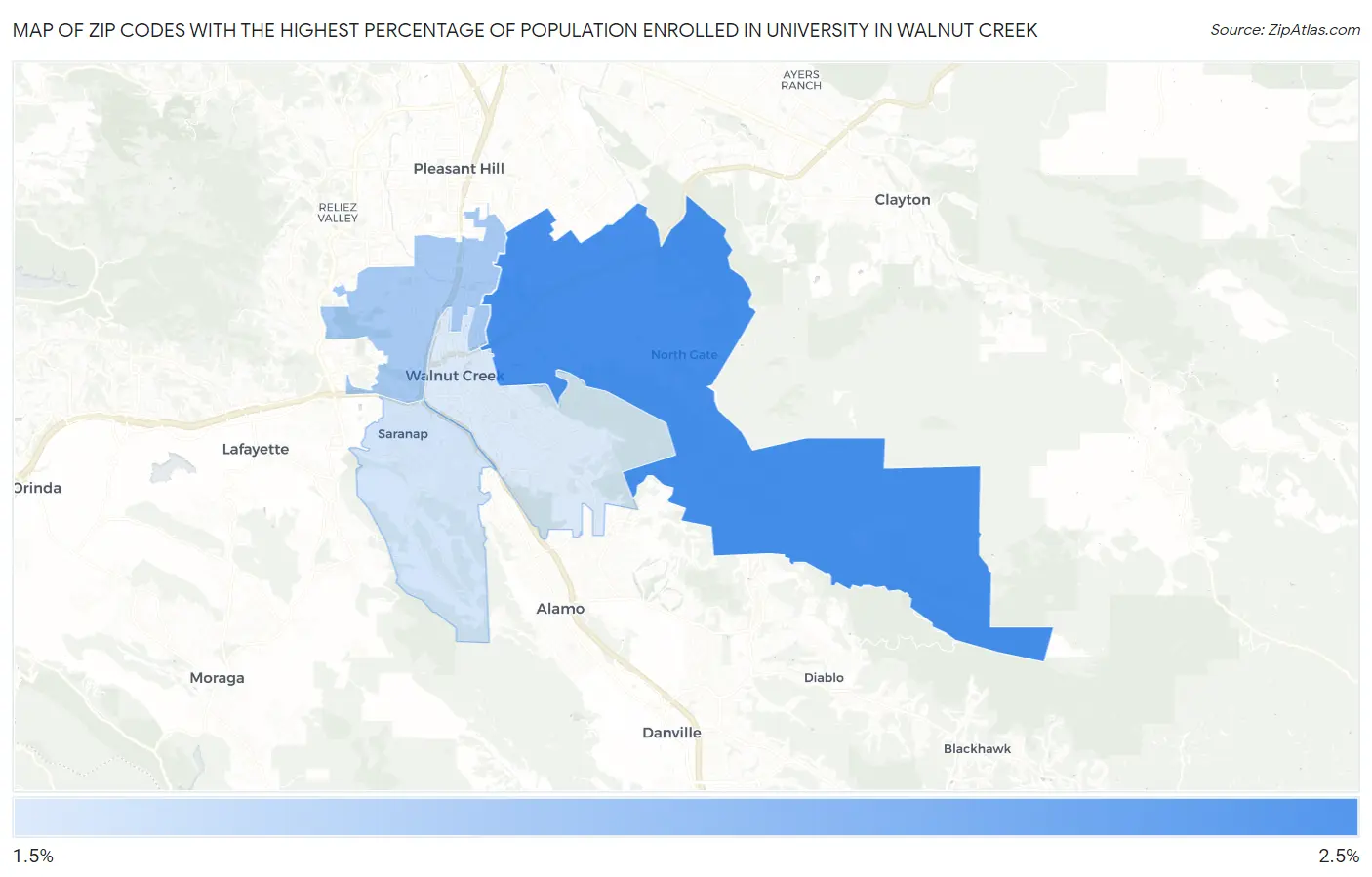 Zip Codes with the Highest Percentage of Population Enrolled in University in Walnut Creek Map