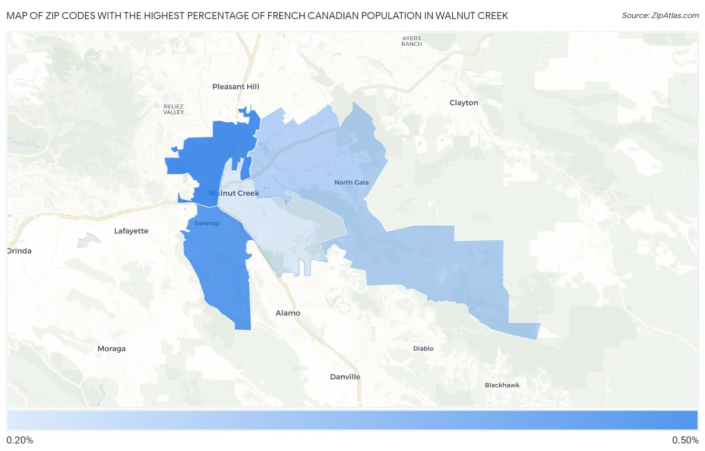 Zip Codes with the Highest Percentage of French Canadian Population in Walnut Creek Map