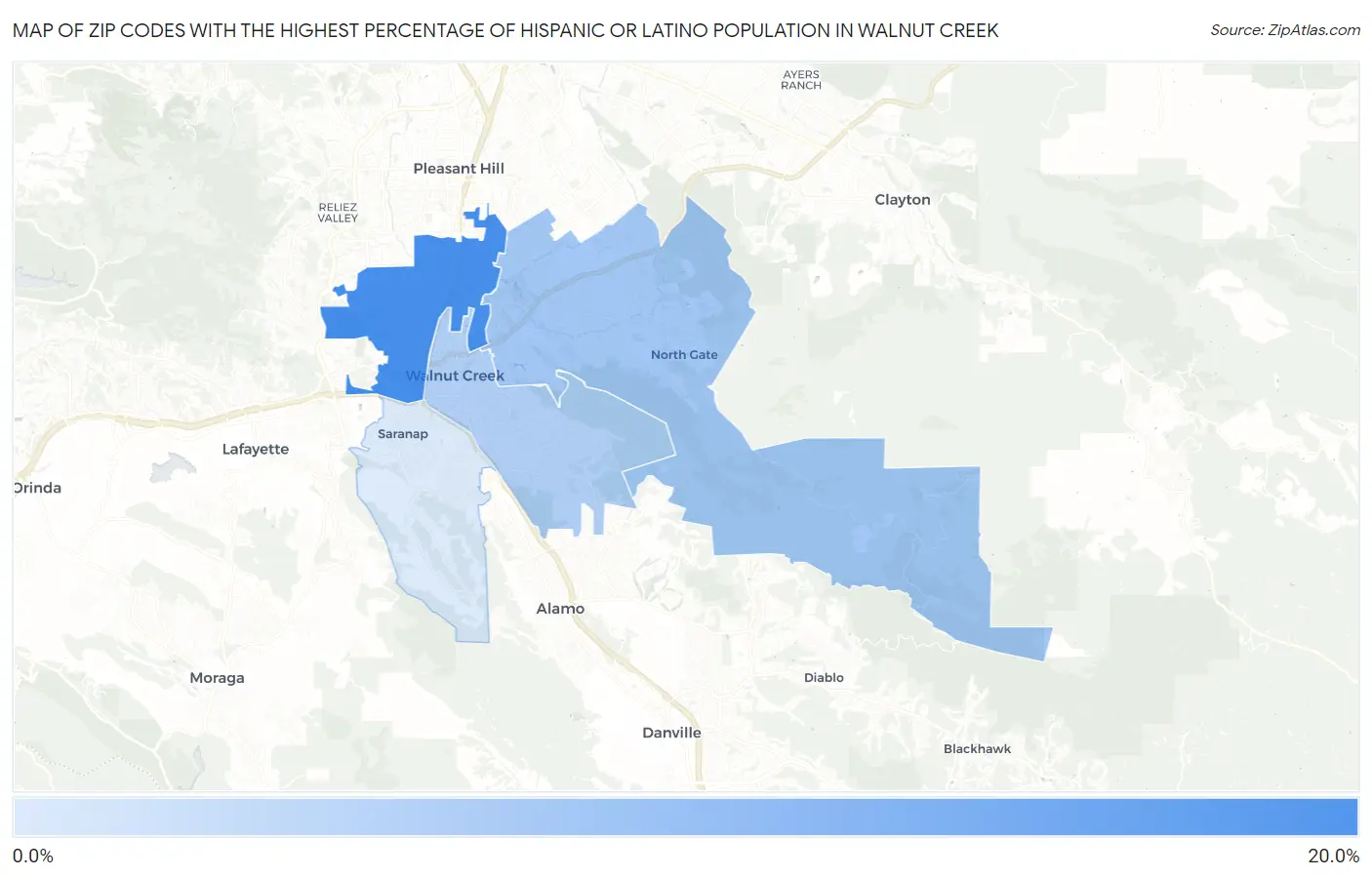 Zip Codes with the Highest Percentage of Hispanic or Latino Population in Walnut Creek Map