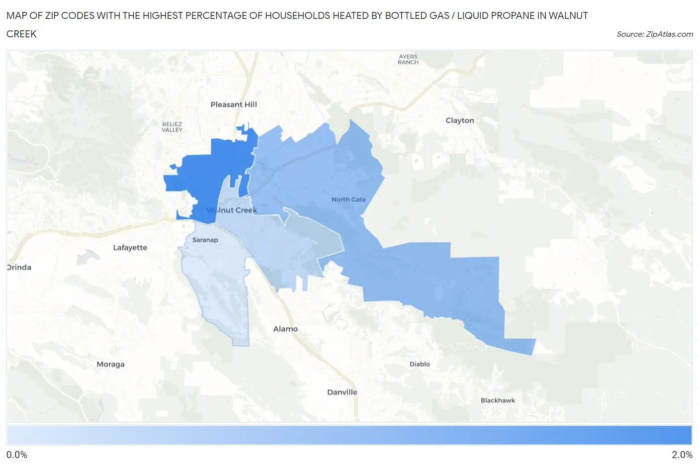 Zip Codes with the Highest Percentage of Households Heated by Bottled Gas / Liquid Propane in Walnut Creek Map