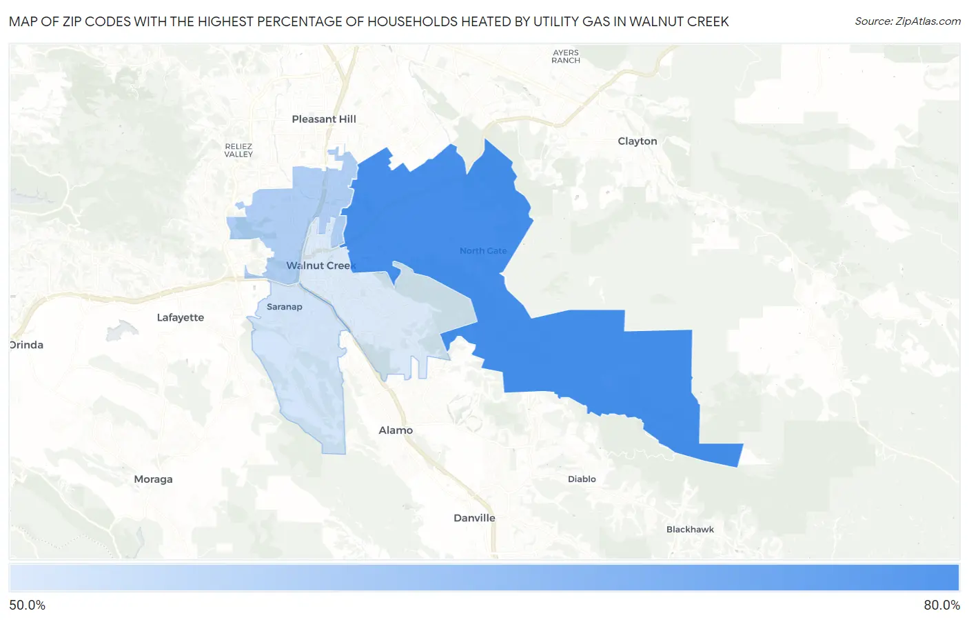 Zip Codes with the Highest Percentage of Households Heated by Utility Gas in Walnut Creek Map