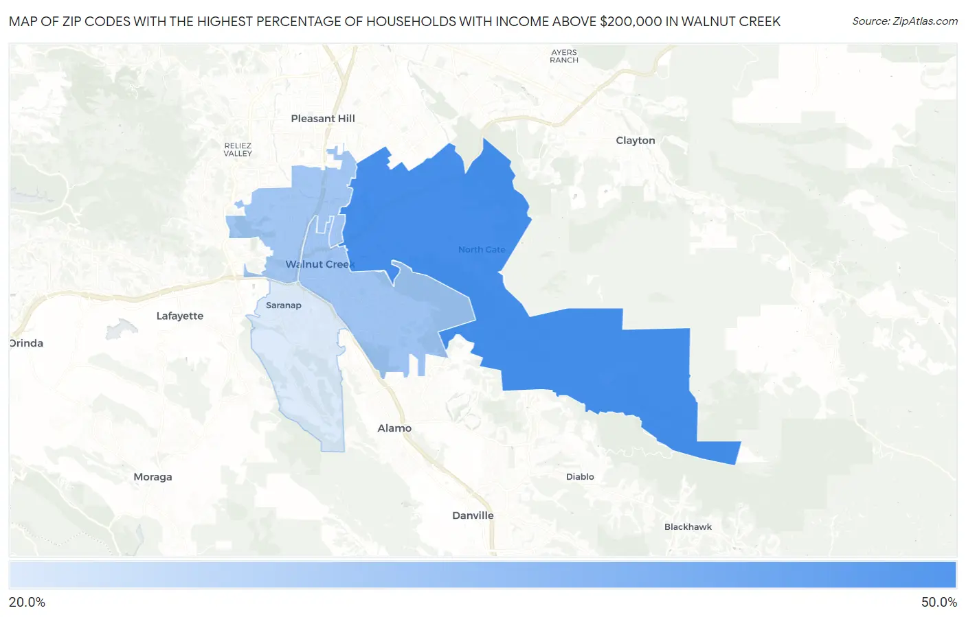 Zip Codes with the Highest Percentage of Households with Income Above $200,000 in Walnut Creek Map