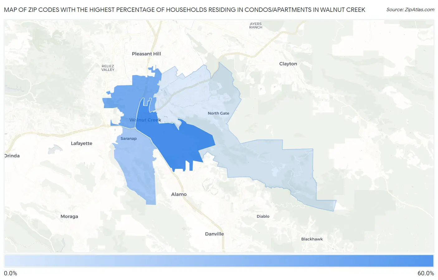 Zip Codes with the Highest Percentage of Households Residing in Condos/Apartments in Walnut Creek Map
