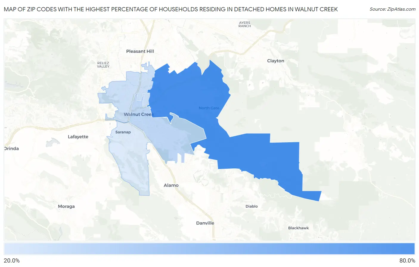 Zip Codes with the Highest Percentage of Households Residing in Detached Homes in Walnut Creek Map
