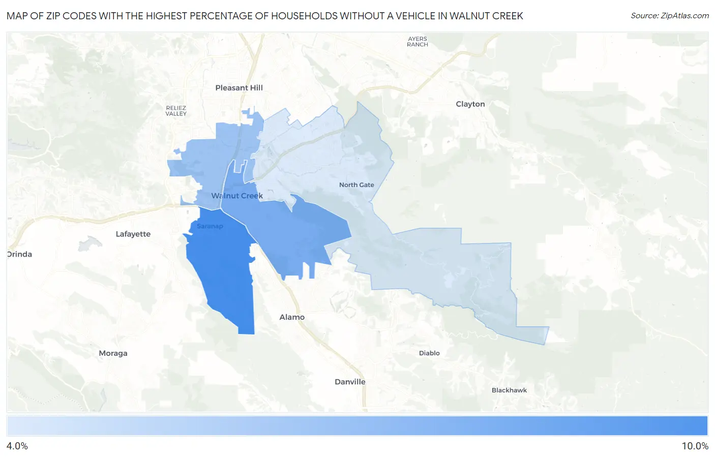 Zip Codes with the Highest Percentage of Households Without a Vehicle in Walnut Creek Map