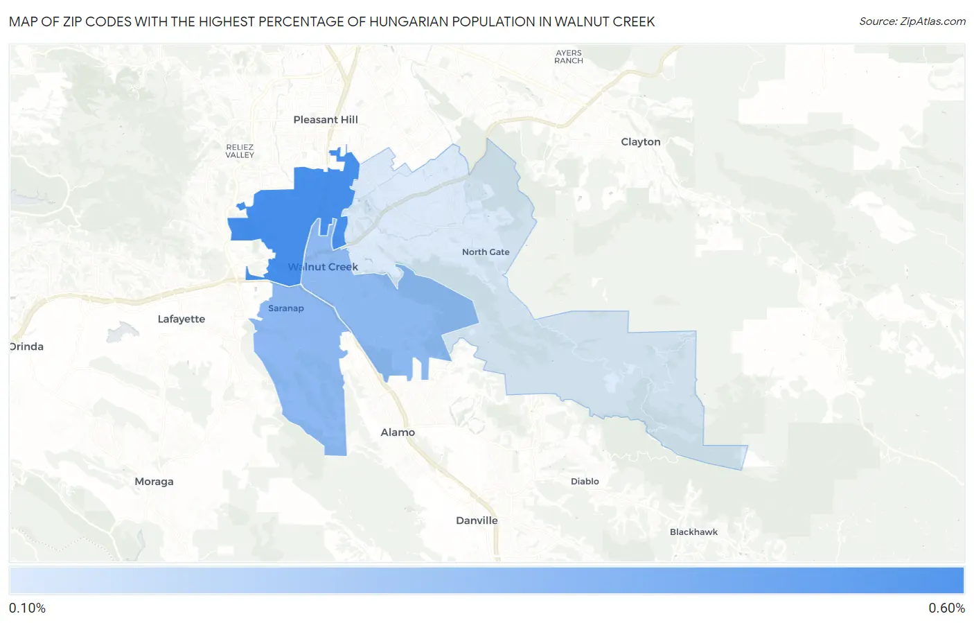 Zip Codes with the Highest Percentage of Hungarian Population in Walnut Creek Map