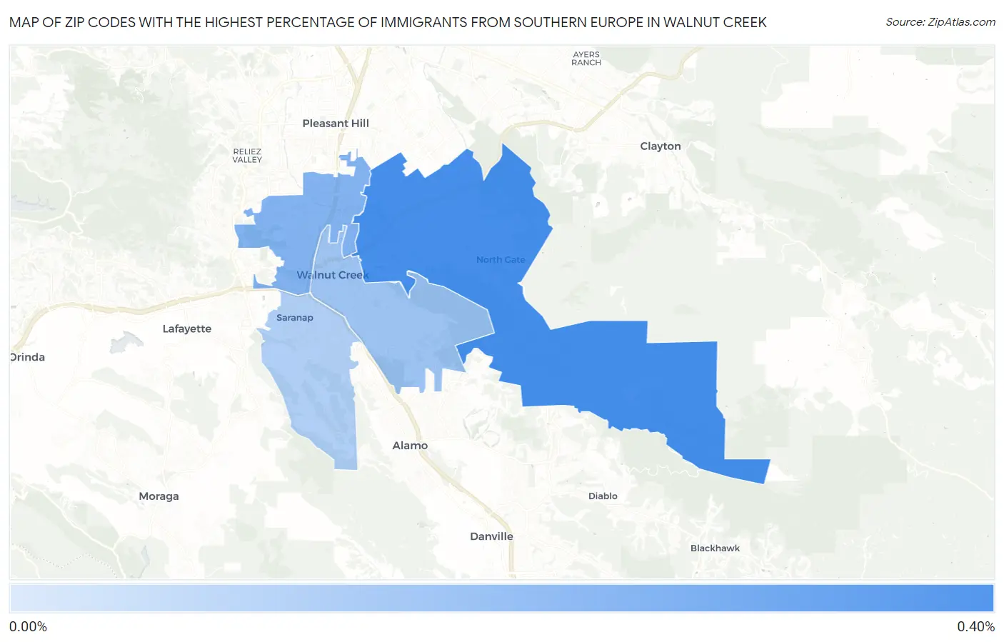Zip Codes with the Highest Percentage of Immigrants from Southern Europe in Walnut Creek Map