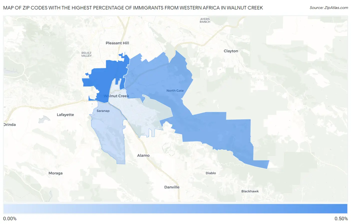 Zip Codes with the Highest Percentage of Immigrants from Western Africa in Walnut Creek Map