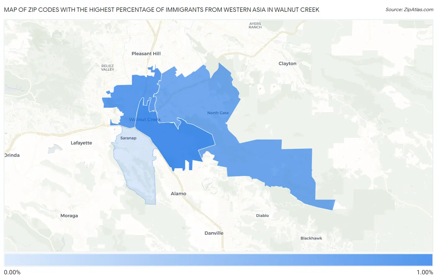 Zip Codes with the Highest Percentage of Immigrants from Western Asia in Walnut Creek Map