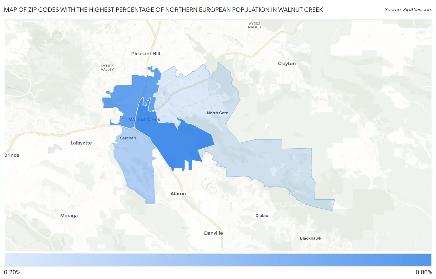 Zip Codes with the Highest Percentage of Northern European Population in Walnut Creek Map