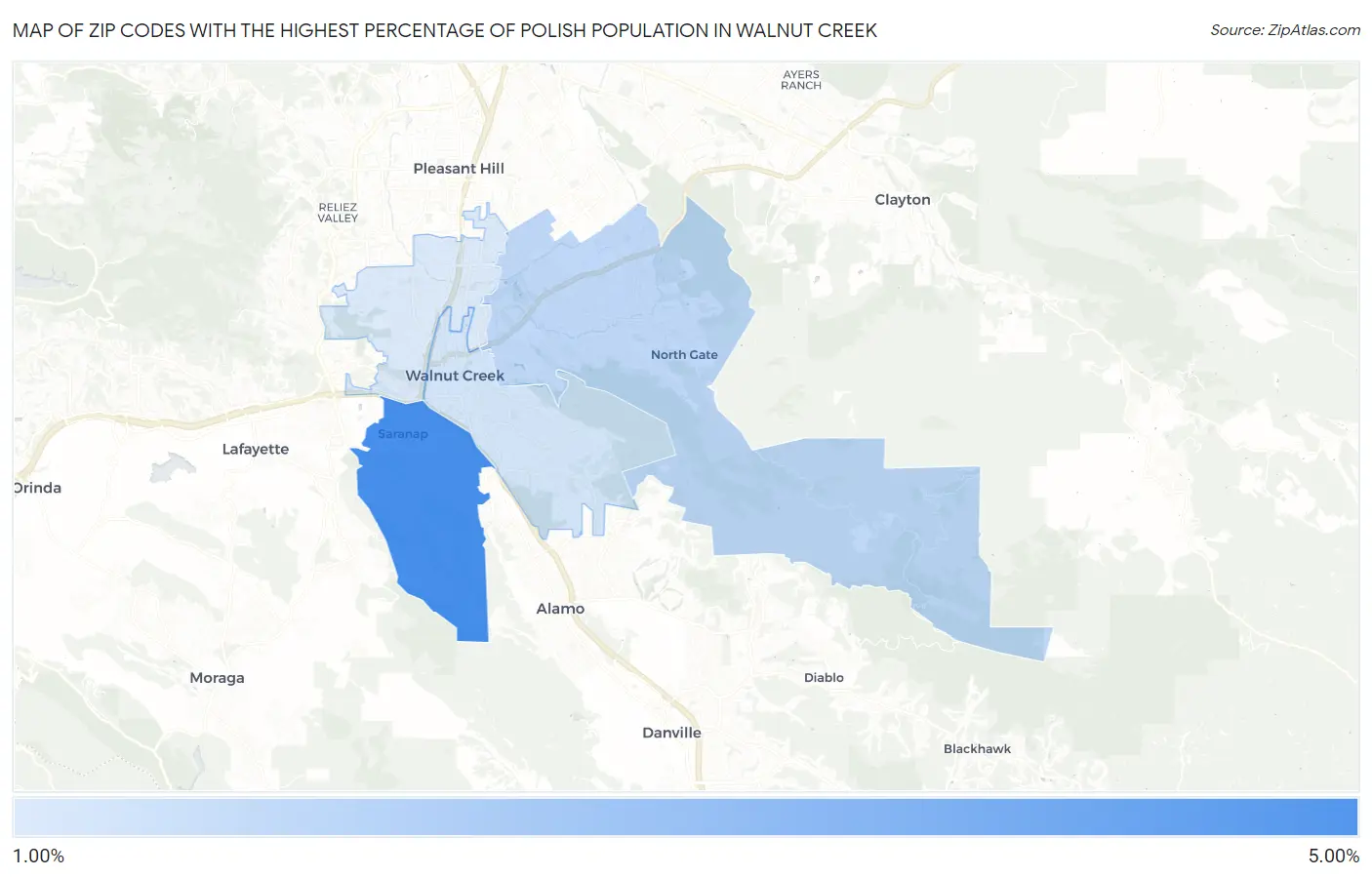 Zip Codes with the Highest Percentage of Polish Population in Walnut Creek Map