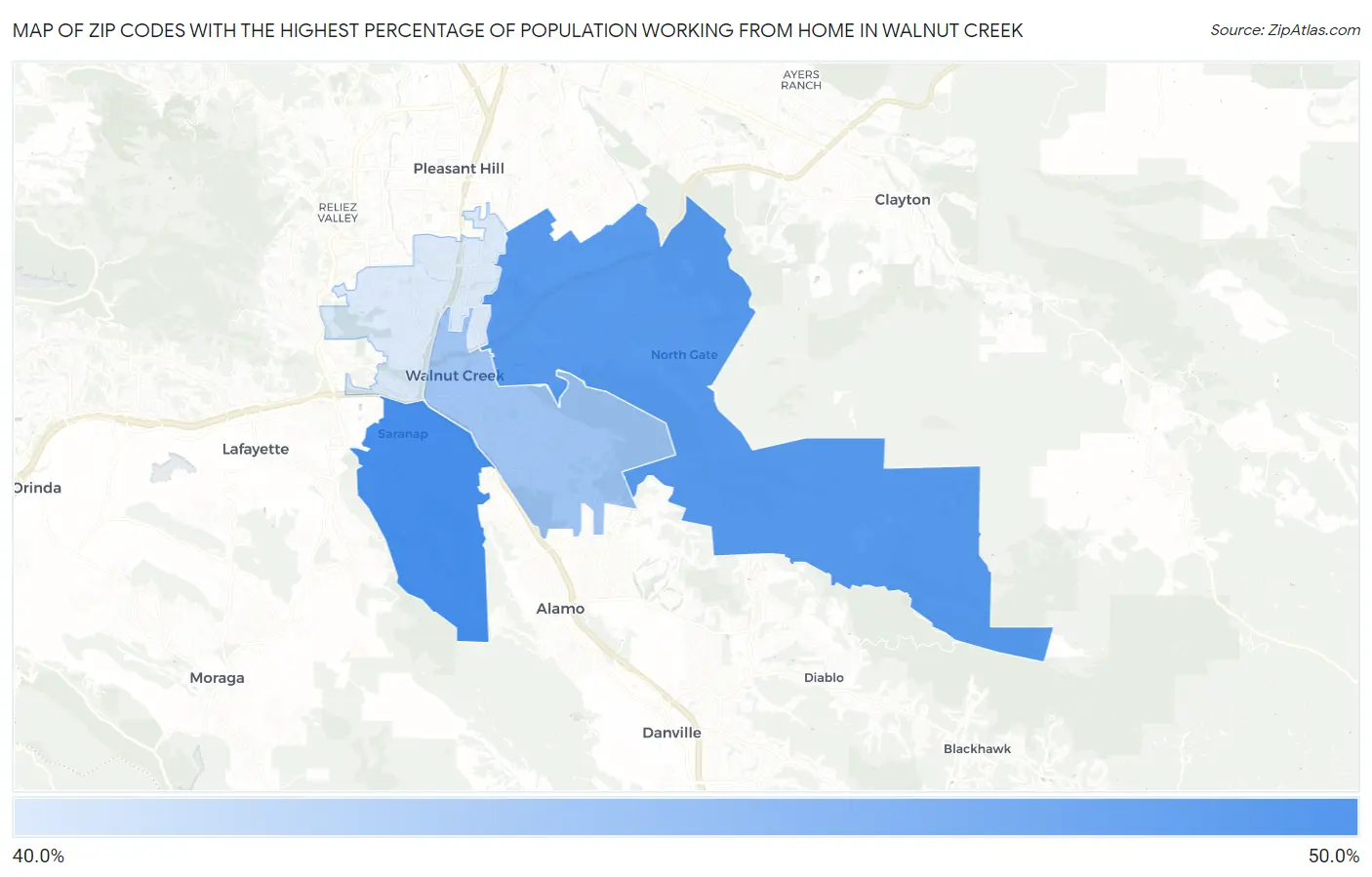 Zip Codes with the Highest Percentage of Population Working from Home in Walnut Creek Map