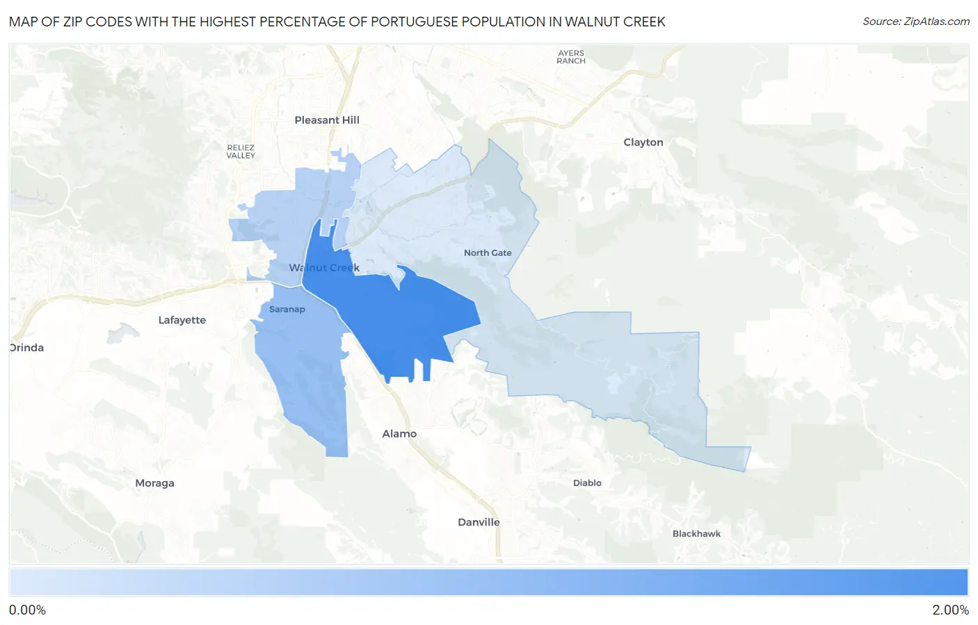 Zip Codes with the Highest Percentage of Portuguese Population in Walnut Creek Map